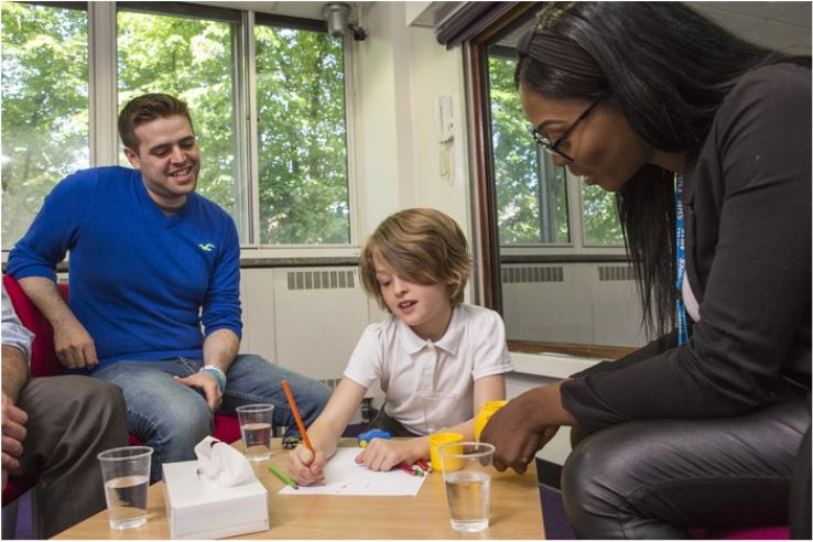 A child drawing on a piece of paper in a child observation setting. 