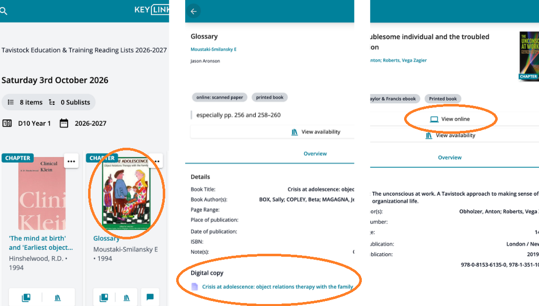 Screenshot of three different screens on KeyLinks mobile interface showing how to access online readings from a reading list. The first panel displays a reading list containing book records. The middle panel shows a selected item's detail page with a "Digital copy" section linking to an online chapter. The third panel shows a book record with a highlighted "View online" button. Orange circles highlight the book cover, digital copy link and view online button, demonstrating the steps required to access electronic content from a reading list.