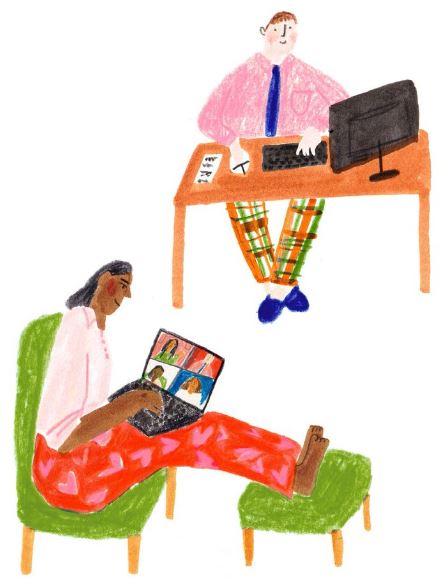 Illustration of a man and and a woman working on their laptop.