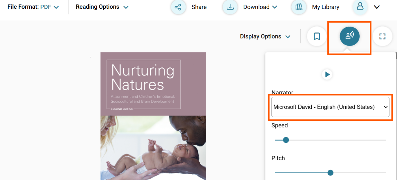 A Taylor and Francis ebook web page with the listen icon circled and the Narrator option circled