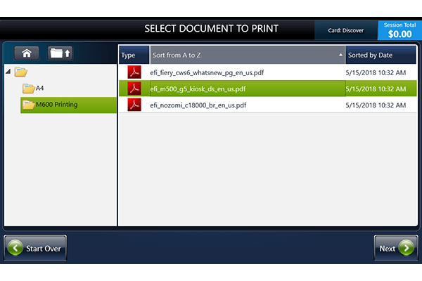 list of print jobs with an option to touch the screen to select a job