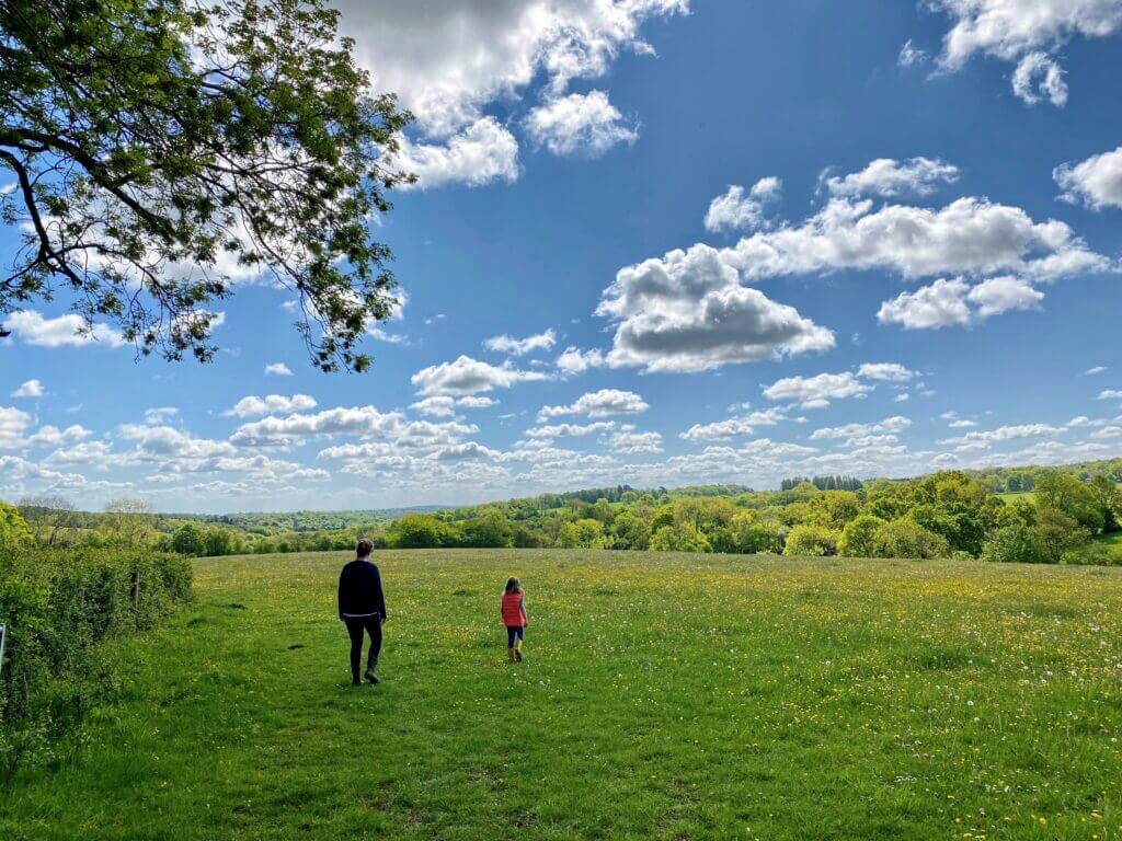 Two people walking in a field.