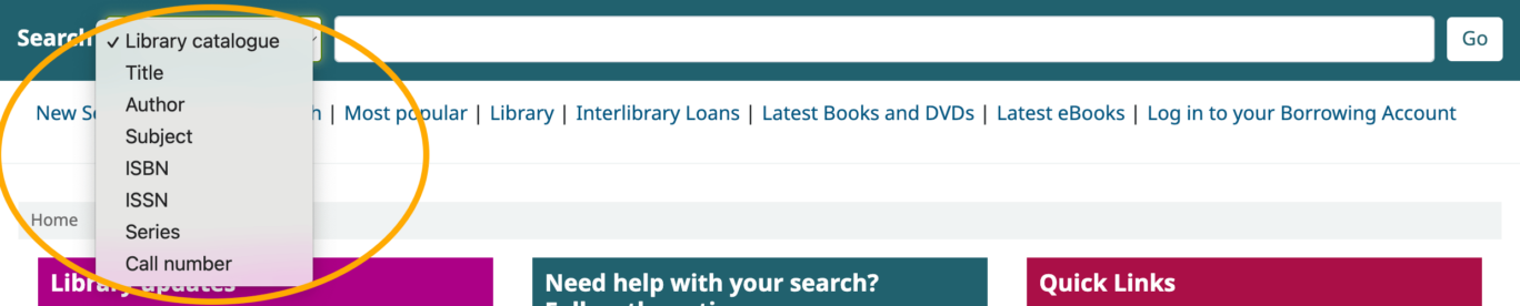 The library catalogue website with the search bar options at the top