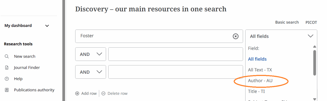 The Discovery search box with 'Author - AU' highlighted from the All fields dropdown menu