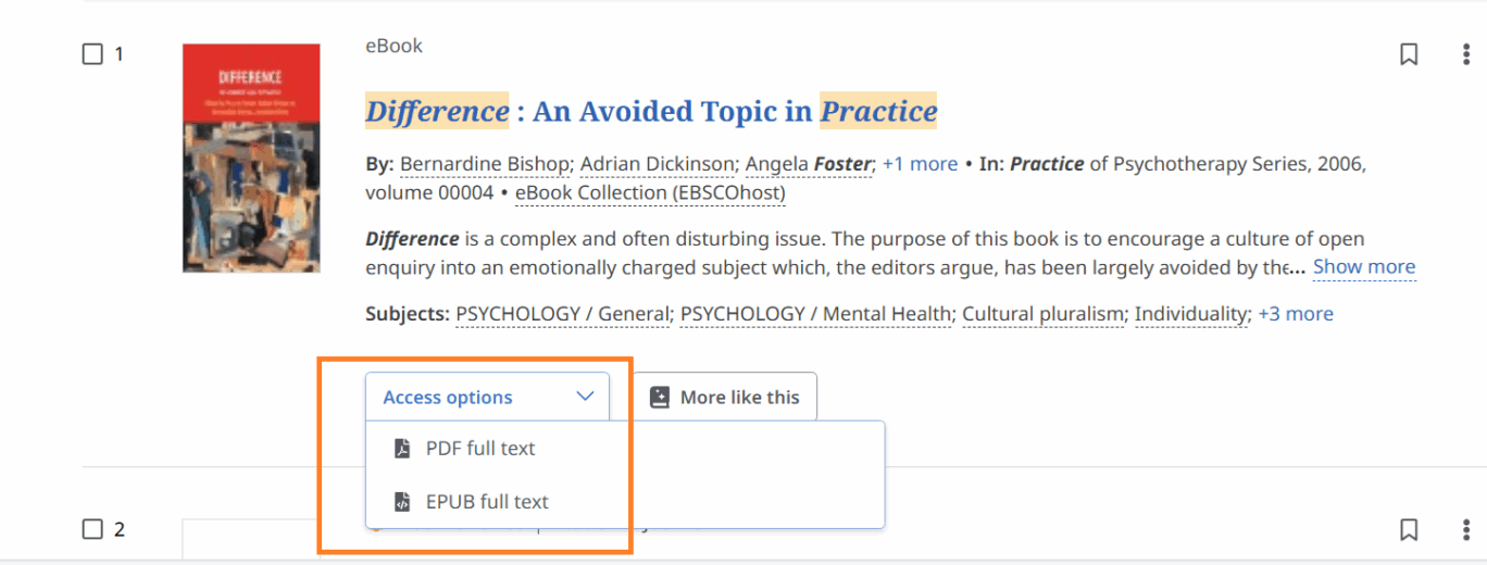 The Discovery search results list with the 'Access options' highlighted, revealing PDF full text and EPUB full text as options