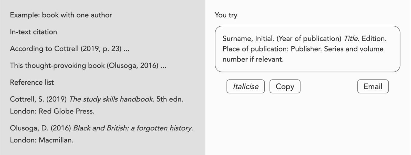The Cite Them Right website how and example of a citation and reference style for a book with a single author, next to a box with the heading 'You try' with dummy text for the user to edit.