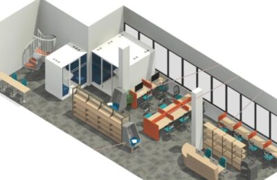 A three dimensional computer generated mock up of a library space with rows of desks, chairs and two study pods on the right hand side.