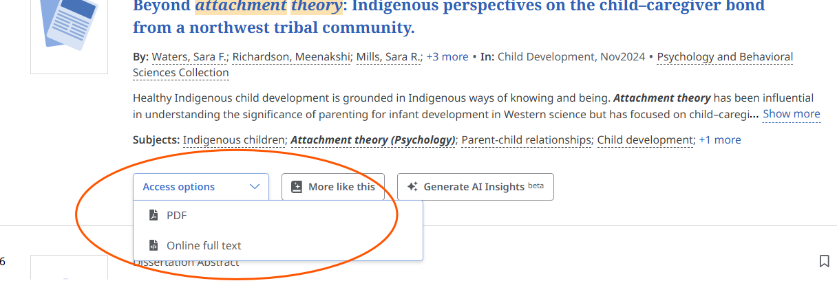 Search results from Discovery with Access options highlighted, showing 'PDF' and 'Online full text' in a dropdown menu.