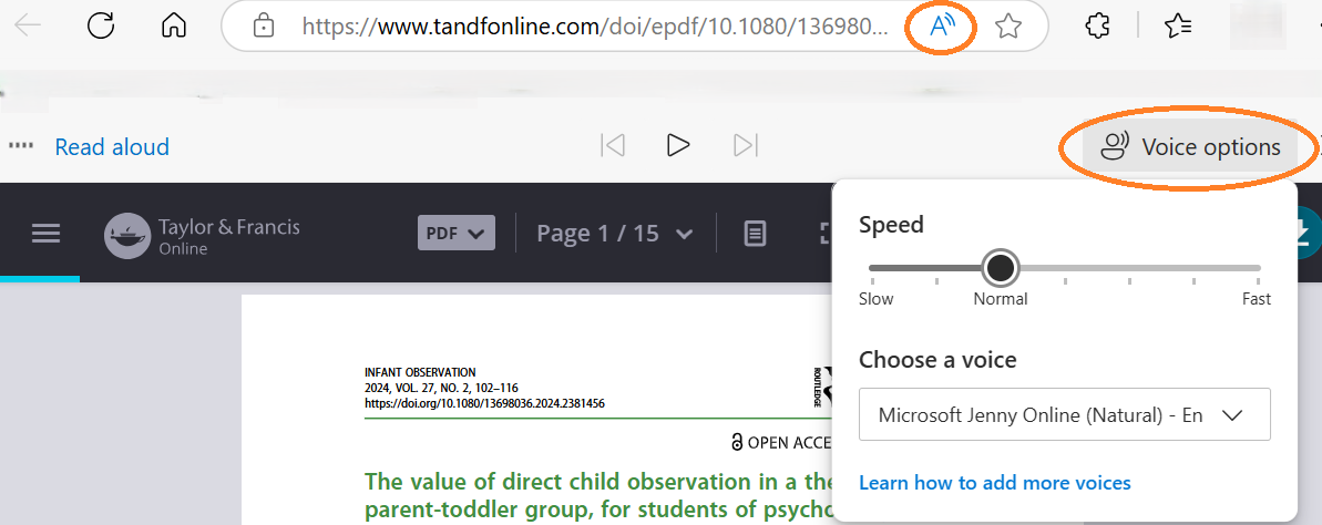 A full text journal article web page, with the readaloud and voice options buttons highlighted. Beneath the voice options button, there is a box with a slider to adjust speed and a menu labelled choose a voice