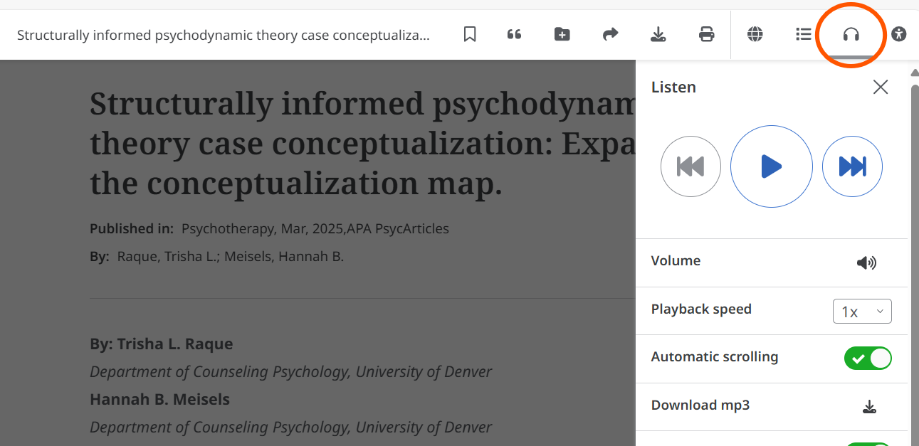 An EBSCO article web page with the headphones icon circled and dropdown of Listen options, including play, rewind and fast forward, playback speed, automatic scrolling and download MP3