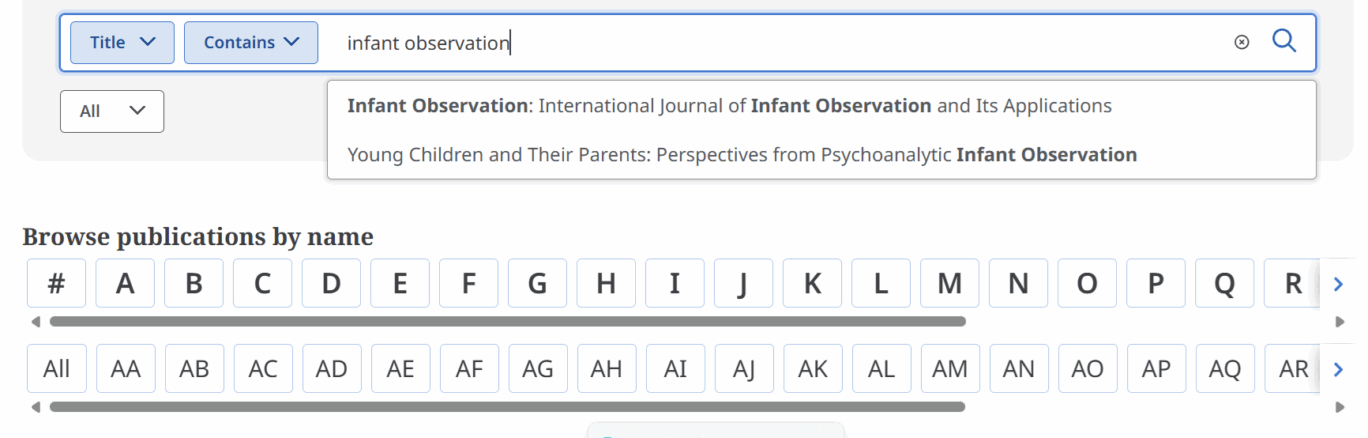 Journal Finder search page with results for 'infant observation' showing in a dropdown below the search box. 