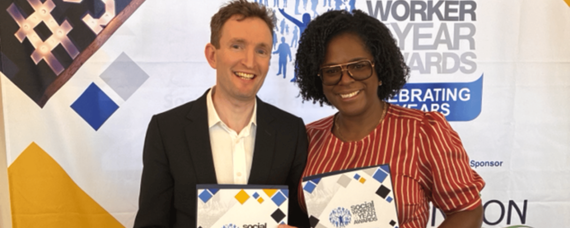 Philip Archard and Shantel Thomas with their Social Worker of the Year Awards.